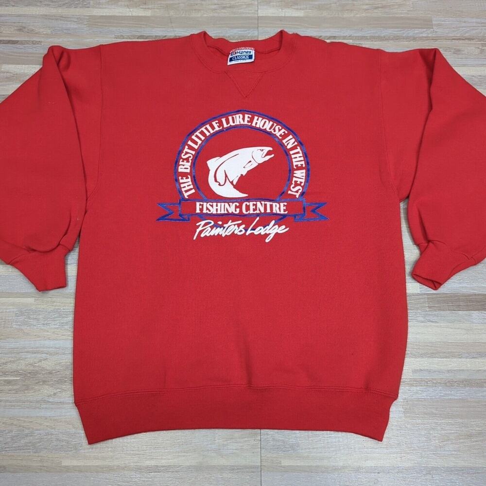 VINTAGE Fishing Sweatshirt Mens L Painters Lodge, BC Canada, Crewneck, Made USA
